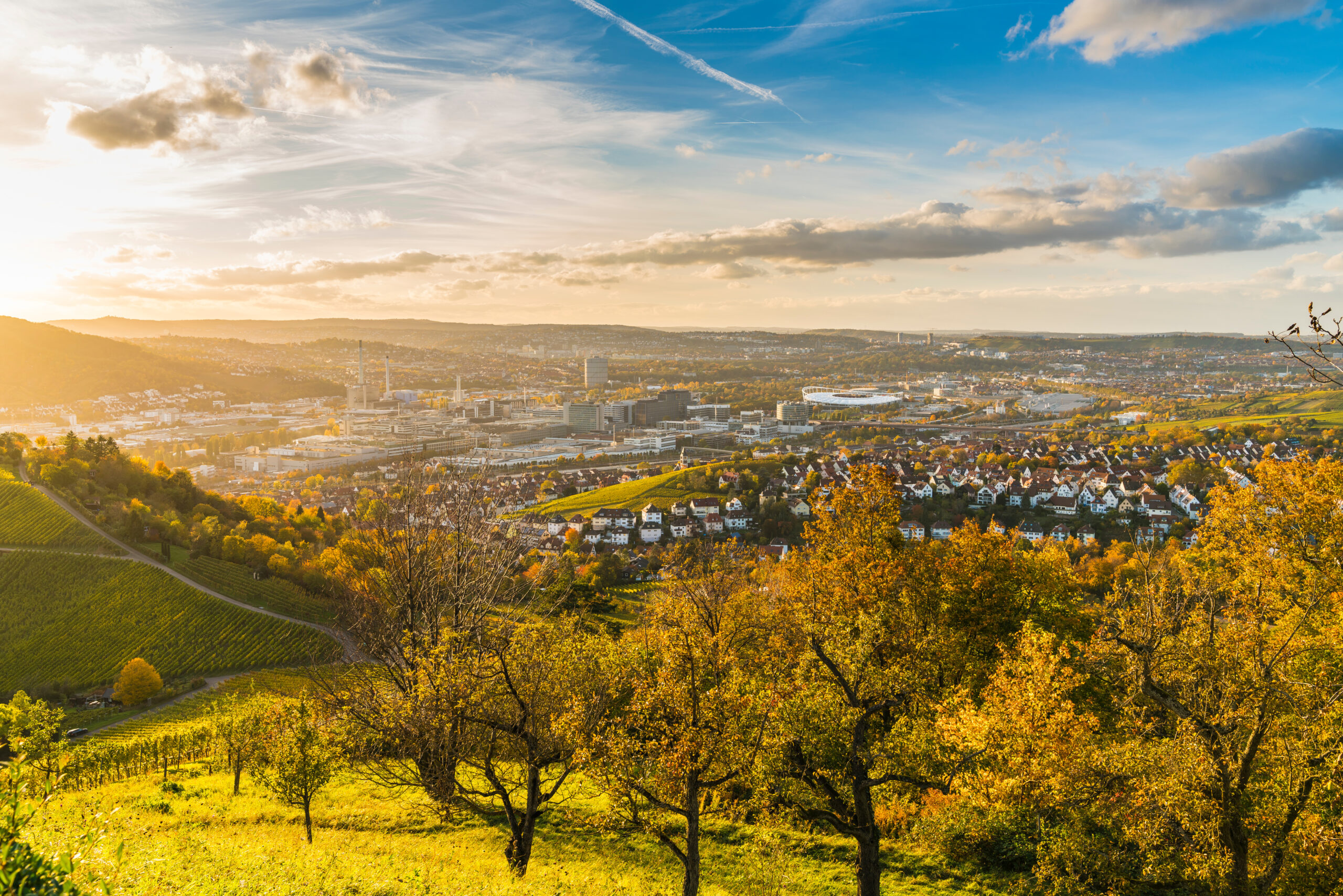 Germany, Stuttgart city panorama landscape view above industry houses ...